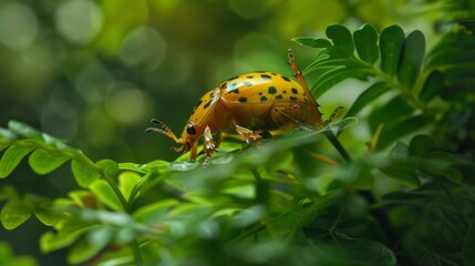 Poster - A golden tortoise beetle in a moment of stillness, captured in a serene close-up against a backdrop of lush greenery.