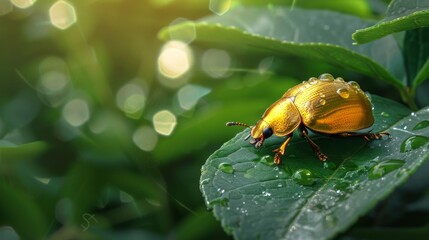 Poster - A golden tortoise beetle resting peacefully on a leaf, its metallic shell reflecting the surrounding greenery.
