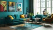 Fresh and youthful teal living room, perfect for a young person looking for a stylish yet serene space to relax and entertain