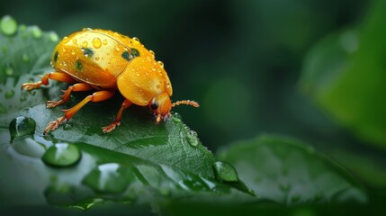 Poster - A golden tortoise beetle resting peacefully on a leaf, its metallic shell reflecting the surrounding greenery.