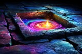 Fototapeta  - A portal to another galaxy, A mystical portal with swirling colors of pink and blue glowing vividly between ancient stone pavement.