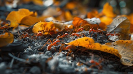 Aufkleber - A group of red ants foraging for food amidst fallen leaves, showcasing their efficient teamwork.