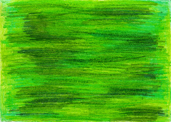 Abstract green background. Filled with texture drawn with colored pencils. Horizontal strokes. Different shades of green color, turquoise, yellow. Crayon texture.