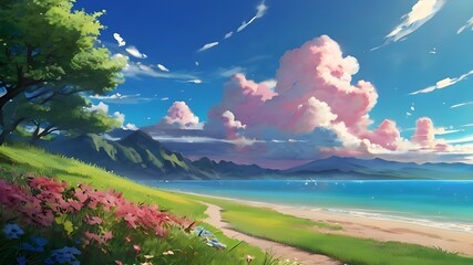 Wall Mural - Anime fantasy wallpaper background concept : Breathtaking blue sky and fluffy white clouds dominate a scenic summer landscape with a calm lake reflecting the beauty above, generative ai