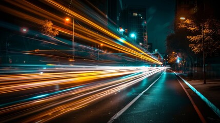 Poster - a long exposure shot of traffic lights streaking through the night sky, capturing the constant motio