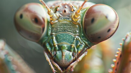 Poster - A macro shot capturing the intricate details of a mantis's compound eyes, reflecting the world around it.