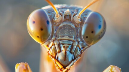 Poster - A macro shot capturing the intricate details of a mantis's compound eyes, reflecting the world around it.
