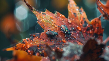Poster - A macro shot capturing the intricate details of a maple leaf with a group of tiny, iridescent beetles crawling on its surface.