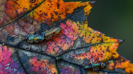 Poster - A macro shot capturing the intricate details of a maple leaf with a group of tiny, iridescent beetles crawling on its surface.