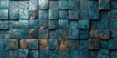 Poster - Blue wall with pattern of squares and brownish color