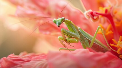 Wall Mural - A mantis camouflaged among the petals of a blooming flower, patiently waiting for unsuspecting prey to pass by.