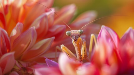 Poster - A mantis camouflaged among the petals of a blooming flower, patiently waiting for unsuspecting prey to pass by.