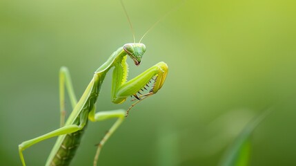 Aufkleber - A mantis nymph delicately perched on a blade of grass, its tiny form barely visible against the green backdrop.