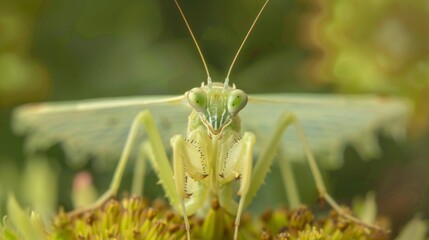 Poster - A mantis nymph emerging from its cocoon, unfolding its delicate wings in preparation for its first flight.
