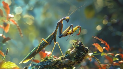 Poster - A mantis perched on a twig, its triangular head swiveling as it scans its surroundings for potential prey.