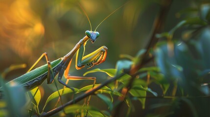 Poster - A mantis perched on a twig, its triangular head swiveling as it scans its surroundings for potential prey.