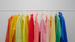 female colorful different shirt stylish hoodie sweater and colorful sweater on hanger,bright colored Tee Shirts hanging,Many t-shirts hanging in order of rainbow colors on light background


