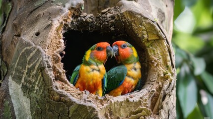 Poster - A pair of colorful parrots taking turns feeding each other with affection and care in their tree hollow nest.