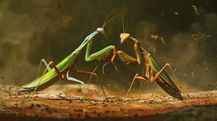 Aufkleber - A pair of mantises engaged in a fierce battle for territory, their forelegs raised in a display of dominance.