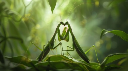 Poster - A pair of mating mantises engaged in a delicate dance, their slender bodies intertwined amidst the foliage.