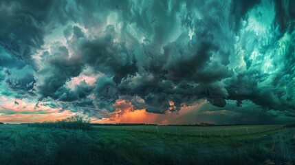 Poster - A panoramic view of a stormy sky, with ominous clouds rolling in and obscuring the fading sunlight.