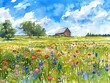 A picturesque image of a field overflowing with colorful wildflowers, with a charming farmhouse in the distance and a clear blue sky above.