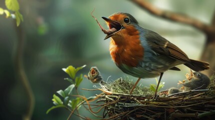 Poster - A robin perched on the edge of its nest, tenderly feeding a worm to its chirping chicks with outstretched beaks.