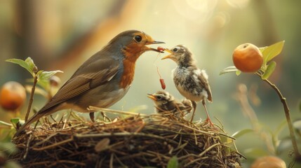 Poster - A robin perched on the edge of its nest, tenderly feeding a worm to its chirping chicks with outstretched beaks.