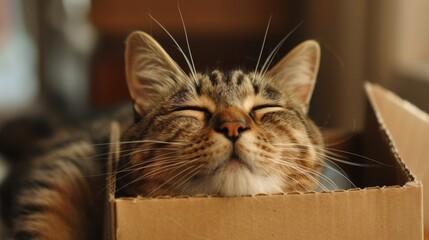 Poster - A rotund tabby cat happily wedged into a box that's slightly too small, a picture of contentment.