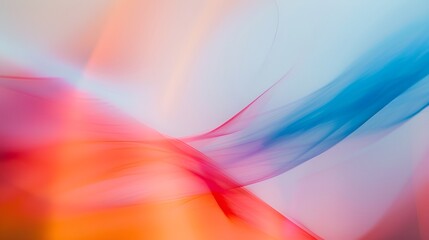 simple, restrained, large area of white a blurred abstract image of a blue, orange and red pattern o
