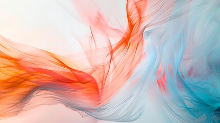 simple, restrained, large area of white a blurred abstract image of a blue, orange and red pattern o