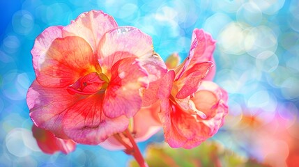 Begonia, spring, close-up of one or two, pink Begonia flowers, Pointillism, slight brushstrokes, Post-Impressionism, Georges Seurat, bright colours, close up, blue sky in the background, sunny day, op