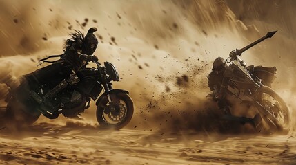 A gladiator riding a motorcycle and dressed entirely in black iron armor engages in a sword fight against another gladiator in a sandy area as the wind blows sand into the frame.