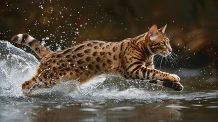 Poster - A sleek Bengal cat gracefully gliding through the water, its agile movements resembling those of a fish.