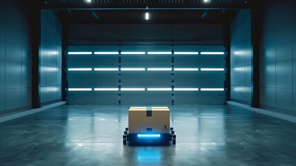 Wall Mural - In a warehouse with a modern sense of technology, an unmanned robot carries a cardboard box, Full of technology