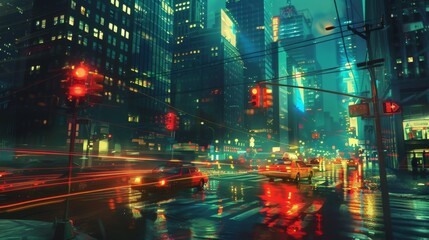 Fototapete - A traffic intersection at night, with traffic lights glowing brightly amidst the city's illuminated skyline.