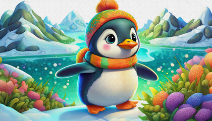 Wall Mural - oil painting style CARTOON CHARACTER CUTE baby Gentoo Penguin Walks Through Beautiful Antarctica's Snow isolate, 