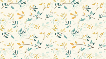 Wall Mural - A seamless vector pattern with a floral motif. Delicate branches with leaves in blue and yellow colors on a light background.