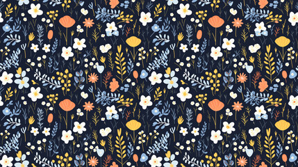 Sticker - A seamless pattern of various flowers and plants on a dark blue background.