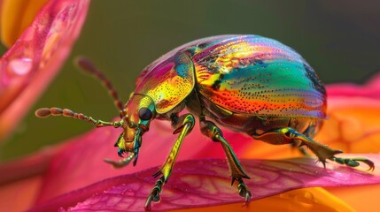 Poster - A vibrant golden tortoise beetle delicately perched on a flower petal, basking in the sunlight with its iridescent shell.