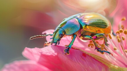 Poster - A vibrant golden tortoise beetle delicately perched on a flower petal, basking in the sunlight with its iridescent shell.