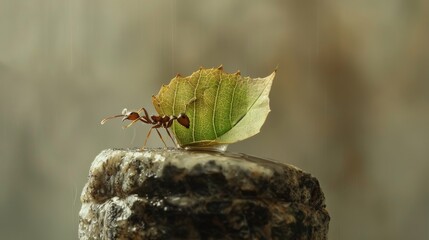 Poster - A worker ant carrying a leaf fragment many times its size, showcasing the strength and determination of these tiny creatures.