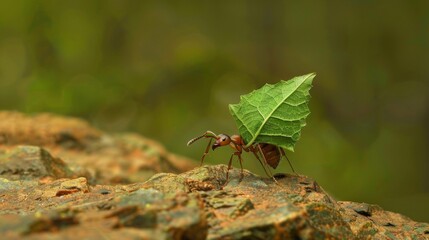 Poster - A worker ant carrying a leaf fragment many times its size, showcasing the strength and determination of these tiny creatures.