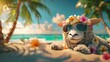 A cute sheep wearing sunglasses and a lei, relaxing on a tropical beach with palm trees swaying in the background, symbolizing a laid-back Eid celebration