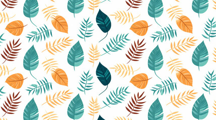 Canvas Print - A seamless pattern with hand drawn tropical leaves in blue, green, yellow and brown colors.