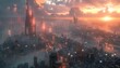 © NeeArtwork - Futuristic cityscape, bustling tech hub, skyscrapers with digital billboards, drones flying, dusk light, wide angle