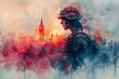 Evocative Watercolor Art of Soldier with London Skyline Blending Past and Present in a Vivid Memorial Day Tribute
