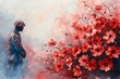 Stunning Watercolor Painting of Man Reflecting on Memorial Day Surrounded by Vibrant Red Flowers Combining Art Beauty and Commemoration
