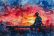 Contemplative Soldier Seated on Bench at Sunset Reflects on the Sacrifices of War in Vibrant Watercolor Memorial Day Artwork
