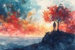 Solitary Figure Stands Under a Lush Red Tree Overlooking a Sunset Horizon in a Reflective Watercolor Memorial Day Scene
